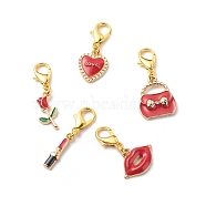 Valentine's Day Theme Alloy Enamel Pendant Decoration, Clip-on Charms, with Zinc Alloy Lobster Claw Clasps, Rose/LIpstick/Heart/Bag/Lip, Mixed Color, 28~35mm(HJEW-JM00755)