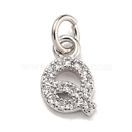 Initial Letter Brass with Cubic Zirconia Charms, Platinum, Long-Lasting Plated, Lead Free & Cadmium Free, Letter Q, 10.5x6.5x1.5mm, ring: 5x1mm, inner diameter: 3mm(KK-Q814-26Q-P)