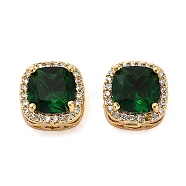Brass Micro Pave Cubic Zirconia Beads, Real 18K Gold Plated, Square, Dark Green, 11x11x7.5mm, Hole: 2mm(KK-D093-05G-02)
