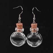 Flat Round Glass Wishing Bottle Dangle Earrings, with 304 Stainless Steel Earring Hooks and Iron Findings, Stainless Steel Color, 50mm, Pin 0.7mm, Capacity: 1.2ml(0.04 fl. oz)(EJEW-JE02040-06)