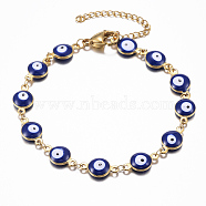 304 Stainless Steel Link Bracelets, Evil Eye, Real 18k Gold Plated, Blue, 7-5/8 inch(19.5cm)(BJEW-H511-02)