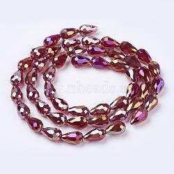 Electroplate Glass Beads Strands, AB Color Plated, Faceted Teardrop, Dark Red, 15x10mm, Hole: 1mm, 50pcs/strand, 27.1 inch(EGLA-D015-15x10mm-28)