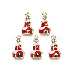 Rack Plating Alloy Enamel Pendants, with Crystal Rhinestone, Cadmium Free & Nickel Free & Lead Free, Light Gold, Christmas, House, Red, 22x11.5x3mm, Hole: 1.8mm(ENAM-N055-147C)