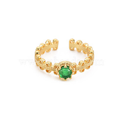 Flat Round Glass Open Cuff Ring, Real 18K Gold Plated Brass Jewelry for Women, Cadmium Free & Lead Free, Dark Green, US Size 5 1/2(16.1mm)(RJEW-S049-007G)