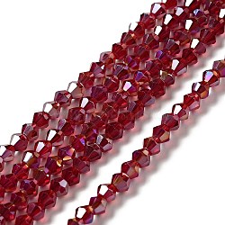Glass Beads Strands, AB Color Plated, Faceted, Bicone, Dark Red, 4x4mm, Hole: 1mm, about 92~96pcs/strand, 13.78~14.37 inch(EGLA-S056-11)