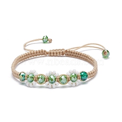 Flower Shape Braided Bead Bracelet, Bling Glass Beads Adjustable Bracelet for Women, Medium Sea Green, Inner Diameter: 2-3/8~3-3/4 inch(6~9.4cm)(BJEW-TA00039-02)