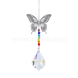 Metal Big Pendant Decorations, Hanging Sun Catchers, Chakra Theme K9 Crystal Glass, Butterfly, Colorful, 32cm(X-HJEW-PW0001-007C)