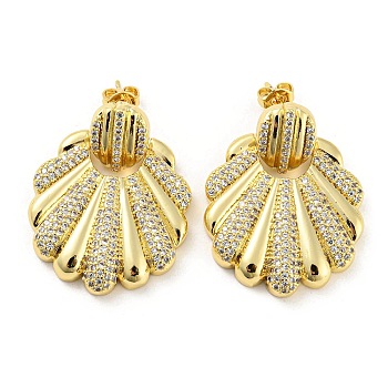 Brass Micro Pave Cubic Zirconia Dangle Stud Earrings, Shell Shape, Real 16K Gold Plated, 32x24.5mm