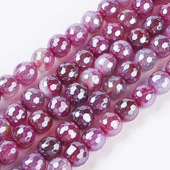 Natural Striped Agate/Banded Agate Beads Strands, Pearl Luster Plated, Faceted, Round, Old Rose, 10mm, Hole: 1mm, about 38pcs/strand, 15.35 inch(39cm)