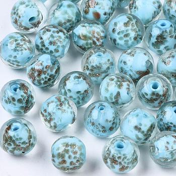 Handmade Lampwork Beads, with Gold Sand, Round, Sky Blue, Size: about 12mm in diameter, hole: 2mm