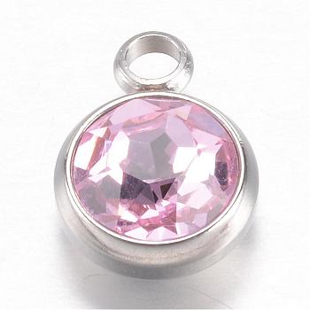 304 Stainless Steel Glass Rhinestone Charms, June Birthstone Charms, Faceted, Flat Round, Pink, 14x10x7mm, Hole: 2.5mm