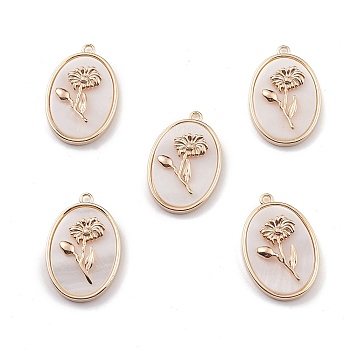 Natural Freshwater Shell Pendants, Oval with Flower Charms, with Brass Findings, Light Gold, 27x18x4.5mm, Hole: 1.8mm
