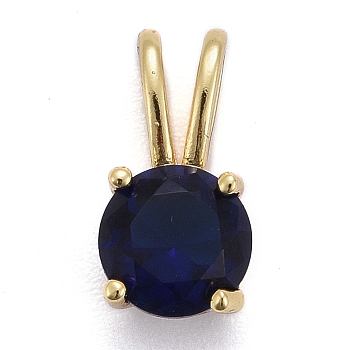 Brass Micro Pave Cubic Zirconia Pendants, Real 18K Gold Plated, Long-Lasting Plated, Flat Round, Medium Blue, 13.5x7x5mm, Hole: 6x2mm