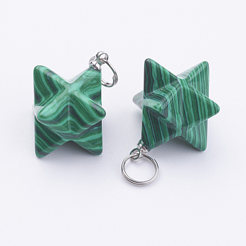 Synthetic Malachite Pendants, with 201 Stainless Steel Split Rings, Stainless Steel Color, Merkaba Star, 22~23x16.5~17x19mm, Hole: 6mm