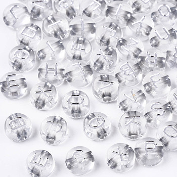 Transparent Clear Acrylic Beads, Metal Enlaced, Horizontal Hole, Flat Round with White Random Letter, 7x4mm, Hole: 1.8mm, about 3600~3700pcs/500g