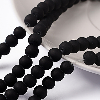 Transparent Glass Bead Strands, Frosted, Round, Black, 6mm, Hole: 1.3~1.6mm, about 140pcs/strand, 31.4 inch
