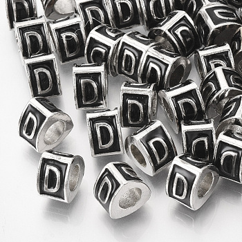 Alloy European Beads, Enamel Style, Large Hole Beads, Triangle with Letter, Platinum, Black, Letter.D, 9.5x9x6.5mm, Hole: 5mm