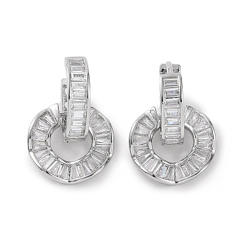 Clear Cubic Zirconia Donut Dangle Hoop Earrings, Brass Jewelry for Women, Platinum, 25mm, Pin: 1.1mm
