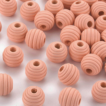 Painted Natural Wood Beehive Beads, Round, Light Coral, 12x11mm, Hole: 3mm