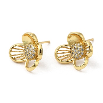Rack Plating Brass Flower Stud Earrings with Cubic Zirconia, Lead Free & Cadmium Free, Real 18K Gold Plated, 14.5x16mm
