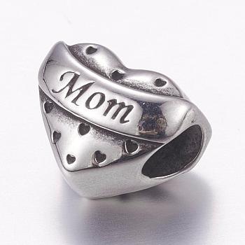 Mother's Day Theme, 304 Stainless Steel European Beads, Large Hole Beads, Heart with the Word Mom, Antique Silver, 12x14x11mm, Hole: 5mm