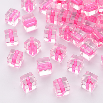 Transparent Acrylic Beads, Cube, Hot Pink, 8x7.5x7.5mm, Hole: 1.8mm, about 900pcs/500g