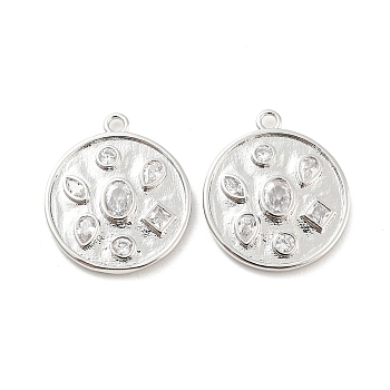 Clear Glass Pendant, with Brass Finding, Flat Round Charms, Real Platinum Plated, 18x16x2.5mm, Hole: 1.4mm