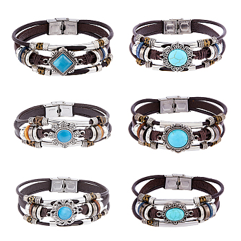 6Pcs 6 Style Cowhide Rope Triple Layer Multi-strand Bracelets Set, Synthetic Turquoise & Stainless Steel Beaded & Cat Eye Gothic Bracelets for Women, Mixed Shapes, 8-1/4~8-7/8 inch(21~22.4cm), 1Pc/style