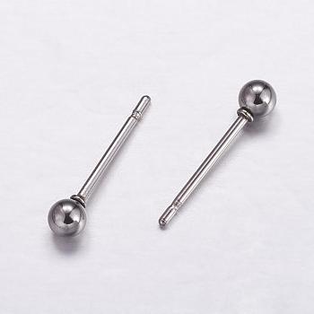 304 Stainless Steel Ball Stud Earring Findings, Stainless Steel Color, 3mm, Pin: 1mm