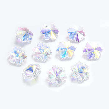 Glass Pendants, Snowflake, Christmas, Faceted, Clear AB with AB Color Plated, 14mm, hole: 0.5mm
