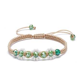 Flower Shape Braided Bead Bracelet, Bling Glass Beads Adjustable Bracelet for Women, Medium Sea Green, Inner Diameter: 2-3/8~3-3/4 inch(6~9.4cm)