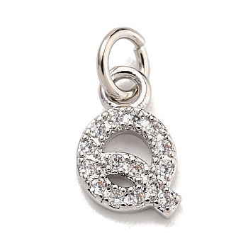 Initial Letter Brass with Cubic Zirconia Charms, Platinum, Long-Lasting Plated, Lead Free & Cadmium Free, Letter Q, 10.5x6.5x1.5mm, ring: 5x1mm, inner diameter: 3mm