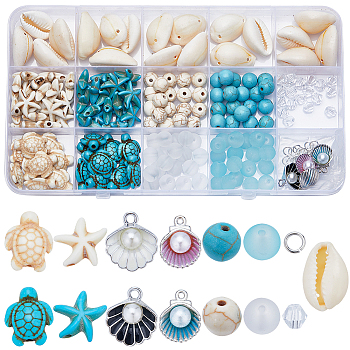 DIY Ocean Theme Bracelet Making Kit, Including Synthetic Howlite & Magnesite & Glass Beads, Alloy Enamel Charms, Natural Shell Links, Turtle & Starfish & Round, Mixed Color, 208Pcs/box