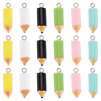 36Pcs 6 Colors Opaque Resin Pendants, Pencil Charms with Platinum Tone Iron Loops, Mixed Color, 23x7.5mm, Hole: 2mm, 6pcs/color