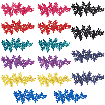 16Pcs 8 Colors Polyester Embroidery Costume Accessories, Applique Patch, Sewing Craft Decoration, Leaf, Mixed Color, 218x98x2mm, 2pcs/color