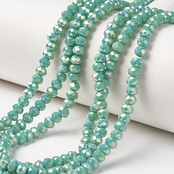 Electroplate Opaque Glass Beads Strands, Full Rainbow Plated, Faceted, Rondelle, Aquamarine, 8x6mm, Hole: 1mm, about 65~68pcs/strand, 15.7~16.1 inch(40~41cm)