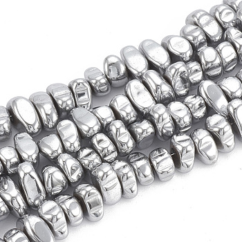 Electroplate Non-magnetic Synthetic Hematite Beads Strands, Nuggets, Platinum Plated, 5~10x4.5~5.5x4mm, Hole: 1mm, about 105pcs/strand, 14.9 inch