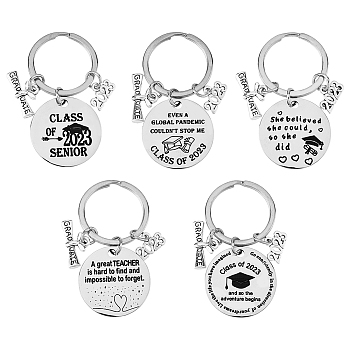 5Pcs 5 Style Class of 2023 Graduation Gifts Stainless Steel Keychain, 2023 Year Charm Signet Pendant Keychain, Graduation Theme Pattern, 6.1cm, 1pc/style