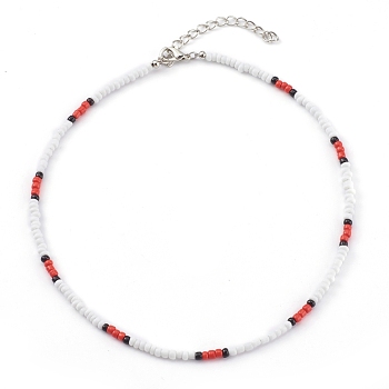 Round Opaque Colours Glass Seed Beaded Necklaces, with Alloy Lobster Claw Clasps, Platinum, Red, 14.76 inch(37.5cm)