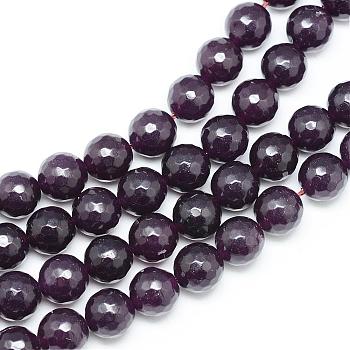Natural White Jade Bead Strands, Dyed, Faceted, Round, Purple, 10~11mm, Hole: 1mm, about 37~39pcs/strand, 14.37~14.57 inch