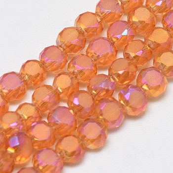 Electroplate Glass Beads Strands, Rainbow Plated, Frosted, Faceted, Flat Round, Dark Orange, 4x3mm, Hole: 0.5mm,, about 150pcs/strand, 22.05 inch