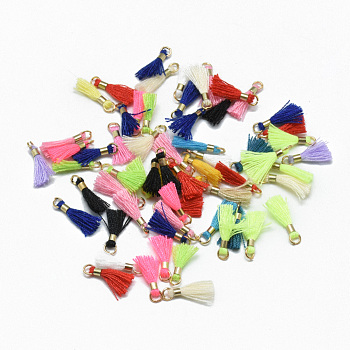 Polycotton(Polyester Cotton) Tassel Charms Decorations, Mini Tassel, with Unwelded Iron Jump Rings, Golden, Mixed Color, 10~16x2mm, Hole: 1.5mm