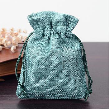 Polyester Imitation Burlap Packing Pouches Drawstring Bags, for Christmas, Wedding Party and DIY Craft Packing, Medium Sea Green, 14x10cm