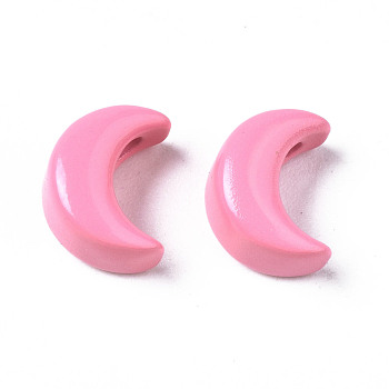 Spray Painted Brass Charms, Moon, Hot Pink, 10x8x6mm, Hole: 2mm