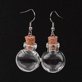 Flat Round Glass Wishing Bottle Dangle Earrings, with 304 Stainless Steel Earring Hooks and Iron Findings, Stainless Steel Color, 50mm, Pin 0.7mm, Capacity: 1.2ml(0.04 fl. oz)