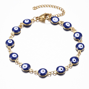 304 Stainless Steel Link Bracelets, Evil Eye, Real 18k Gold Plated, Blue, 7-5/8 inch(19.5cm)