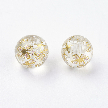 Flower Picture Printed Glass Beads, Round, Clear, 8x7mm, Hole: 1mm