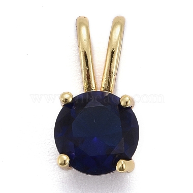 Real 18K Gold Plated Medium Blue Flat Round Brass+Cubic Zirconia Charms