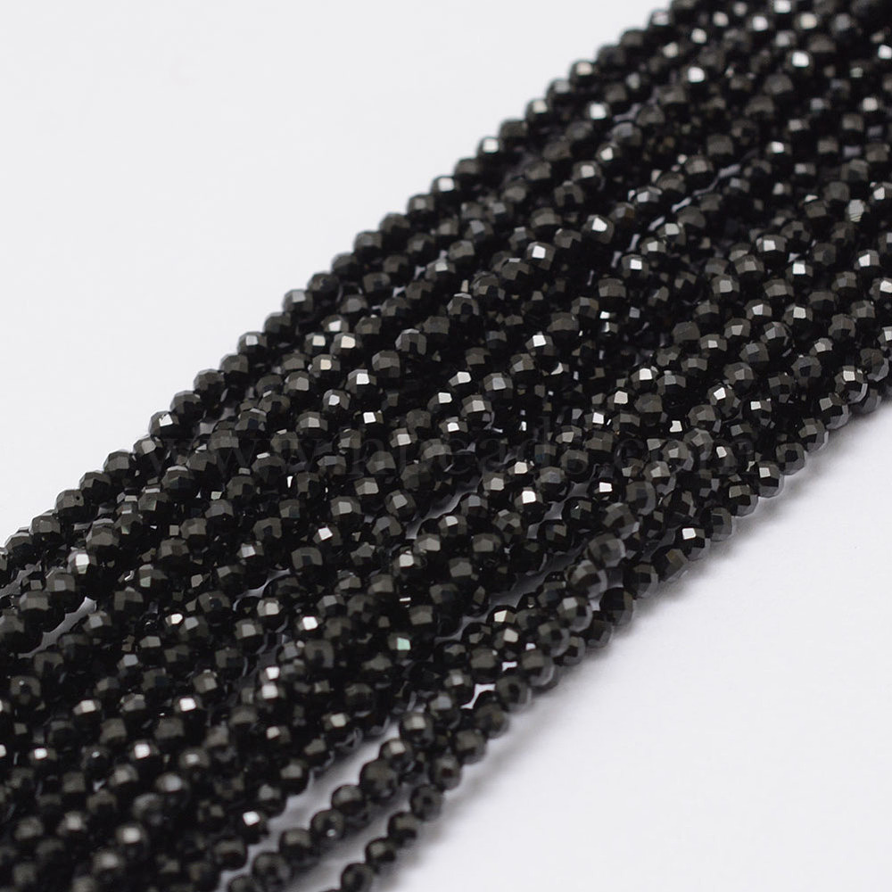 Faceted 2mm Black Spinel Gemstone Round Loose Beads 15'' Strand