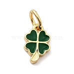 Brass Enamel Pendants, Clover Charms, Rack Plating, Long-Lasting Plated, Cadmium Free & Lead Free, Real 18K Gold Plated, with Jump Ring, Dark Green, 9.5x6x2mm, Hole: 3.2mm(KK-P338-25G-05)